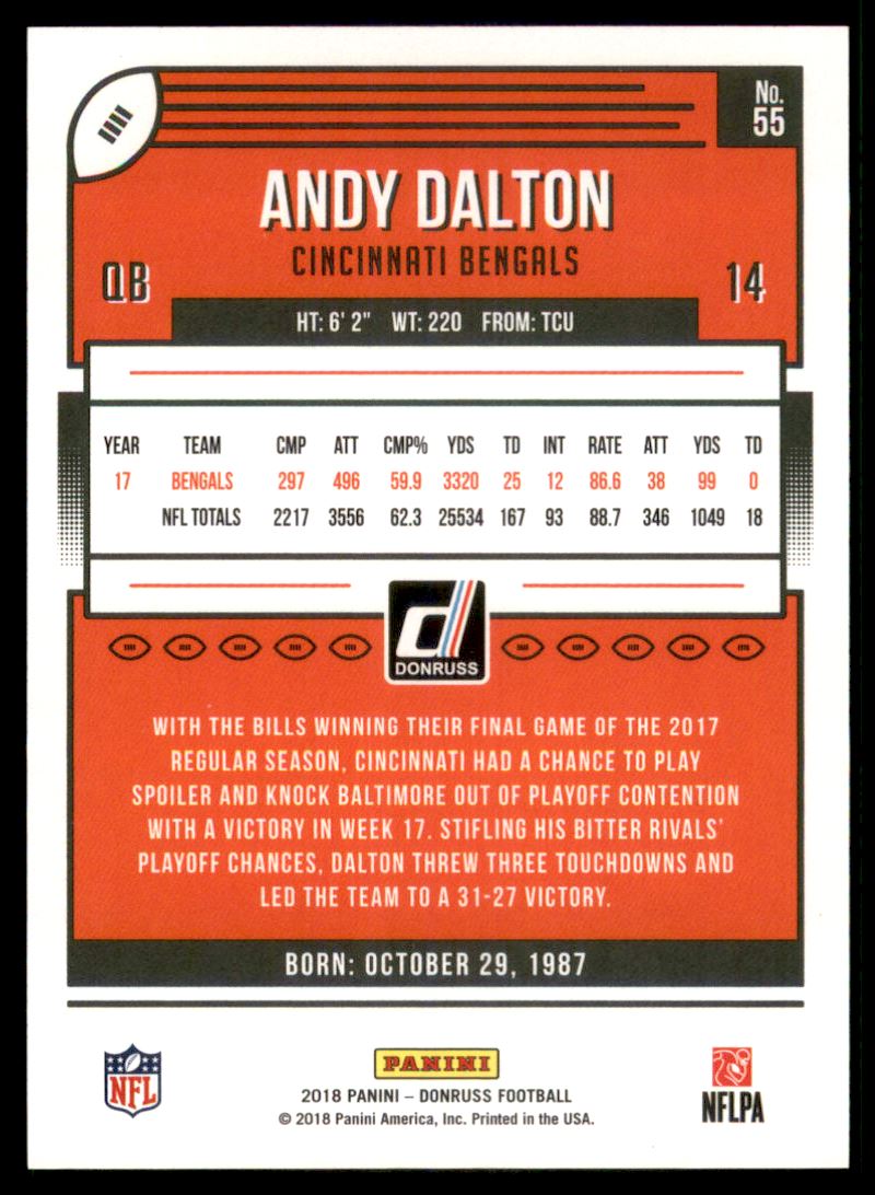 2018 Donruss Season Stat Line #55 Andy Dalton/297 back image
