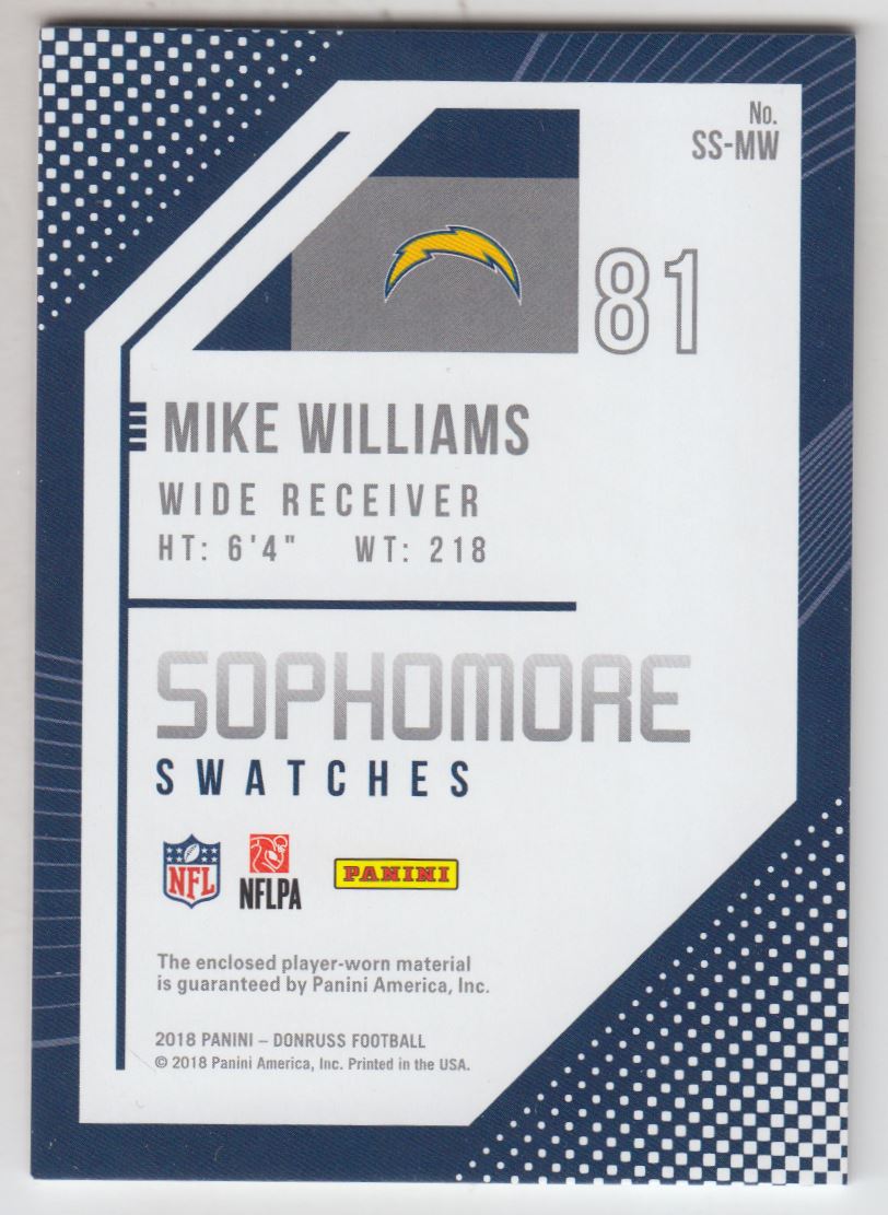 2018 Donruss Sophomore Swatches #12 Mike Williams back image