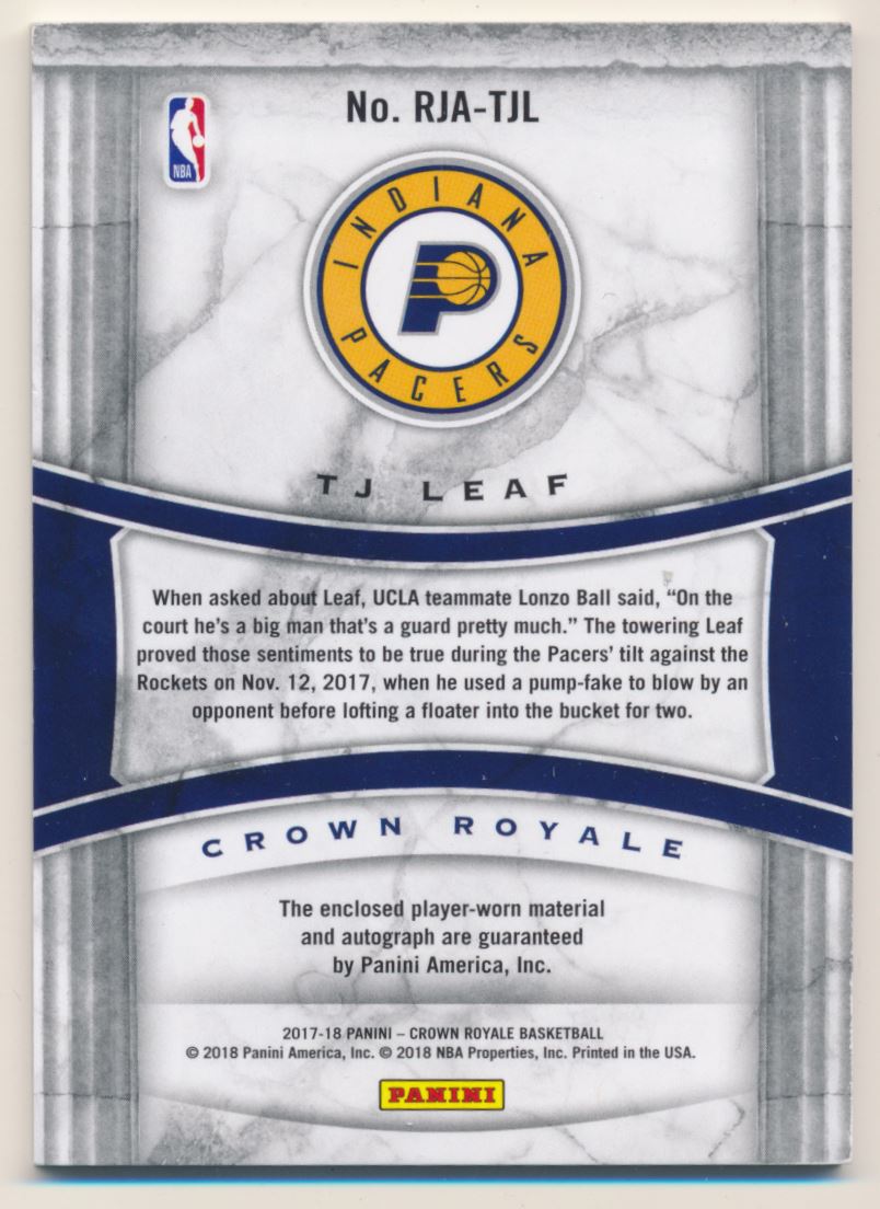 2017-18 Crown Royale Rookie Jersey Autographs #19 TJ Leaf