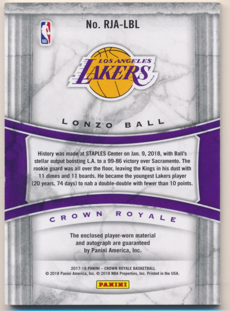 2017-18 Crown Royale #219 Lonzo Ball JSY AU back image