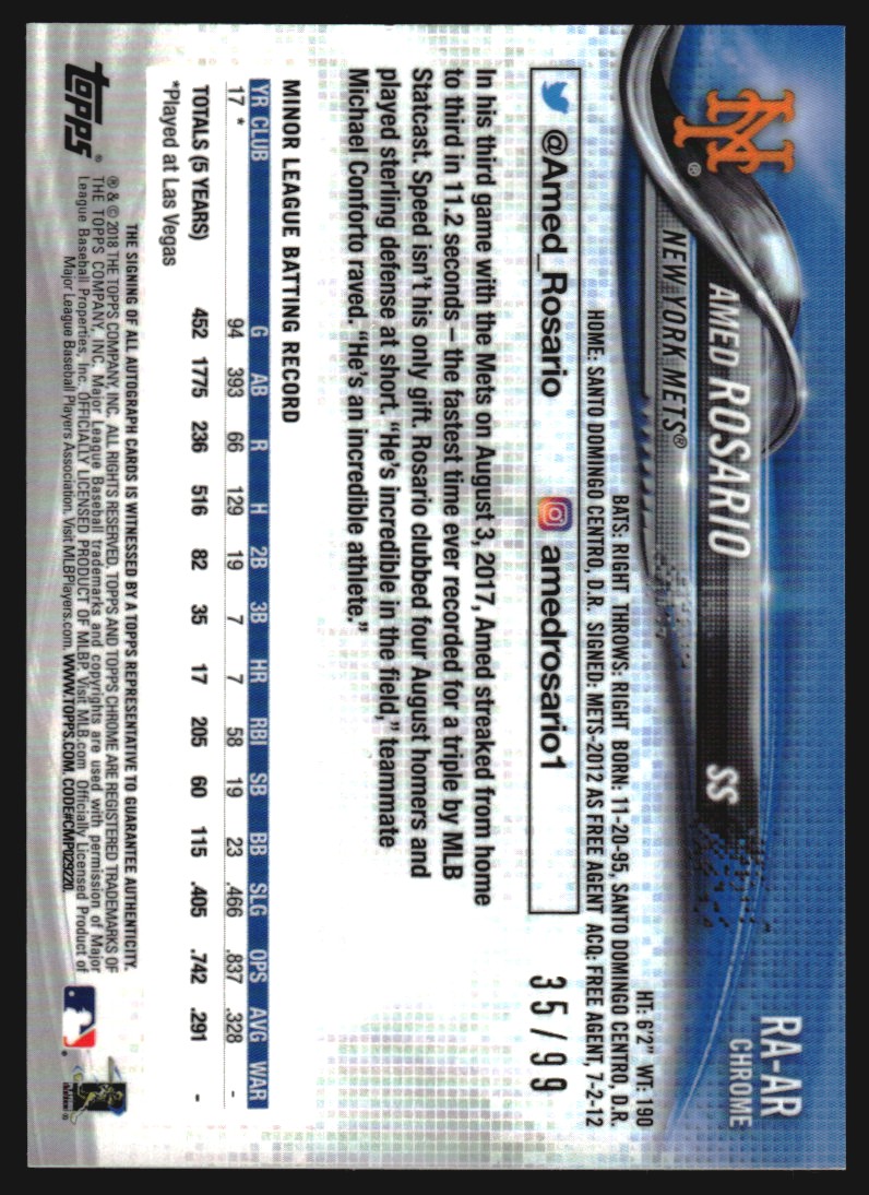 2018 Topps Chrome Rookie Autographs Green Refractors #RAAR Amed Rosario