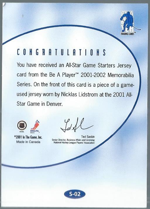 2001-02 BAP Memorabilia All-Star Starting Lineup #S2 Nicklas Lidstrom back image
