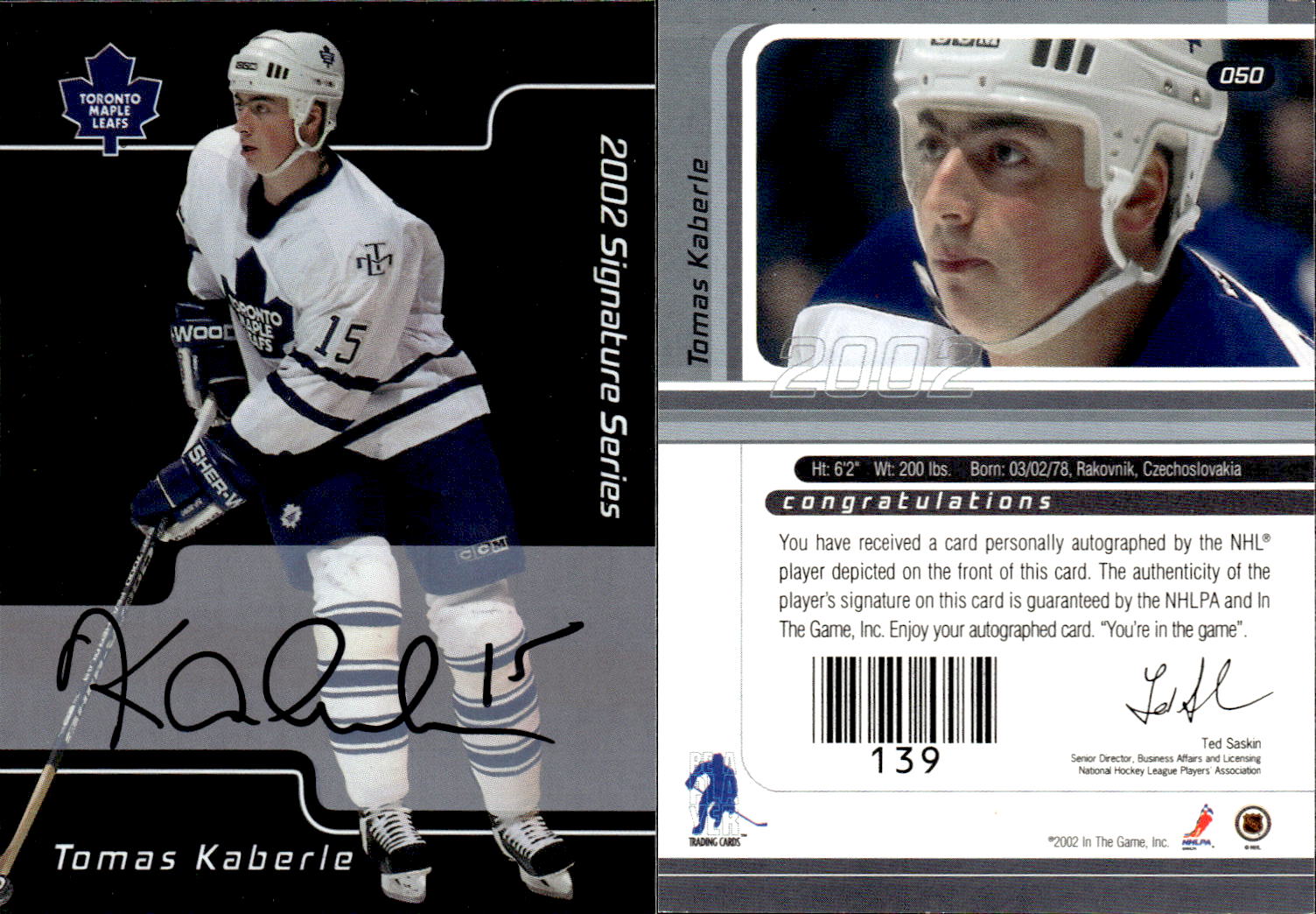 Tomas Kaberle Signed 1998/99 Upper Deck Card #375 Toronto Maple Leafs