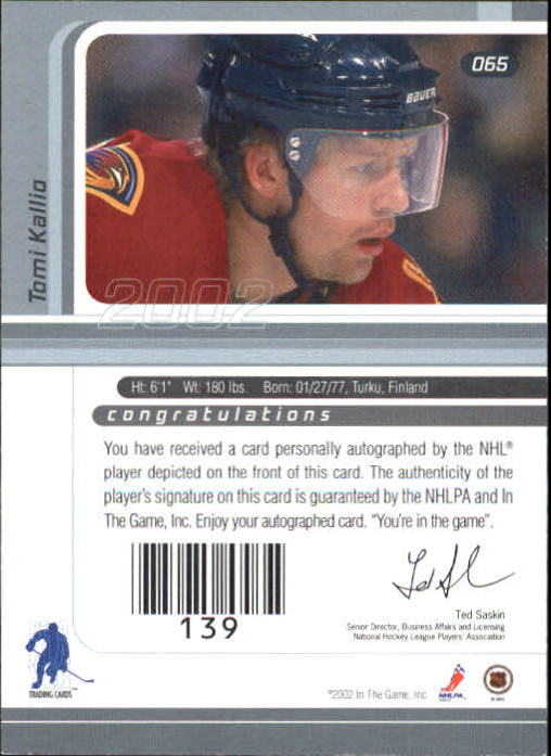 2001-02 BAP Signature Series Autographs Gold #65 Tomi Kallio back image