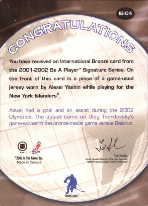 2001-02 BAP Signature Series International Medals #IB4 Alexei Yashin back image