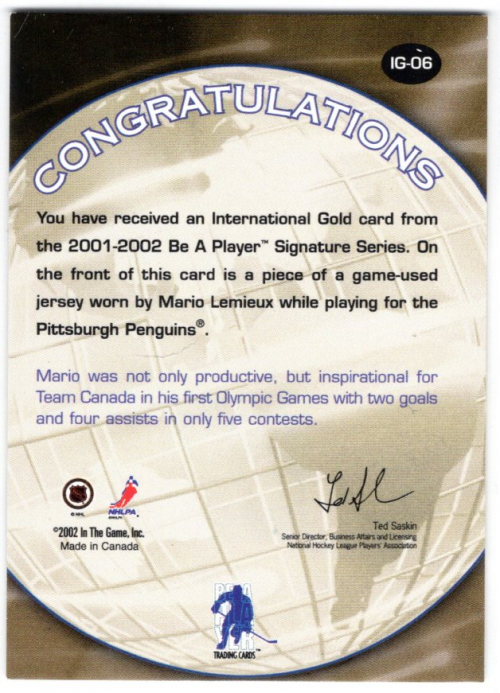 2001-02 BAP Signature Series International Medals #IG6 Mario Lemieux back image