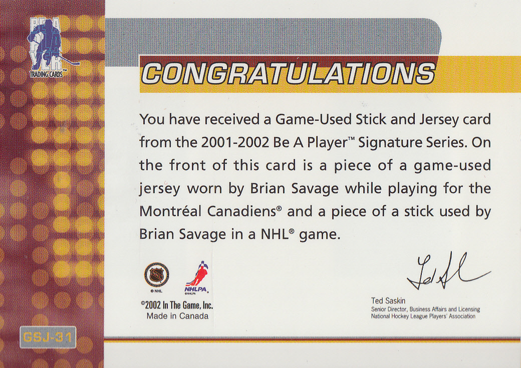 2001-02 BAP Signature Series Jersey and Stick #GSJ31 Brian Savage back image