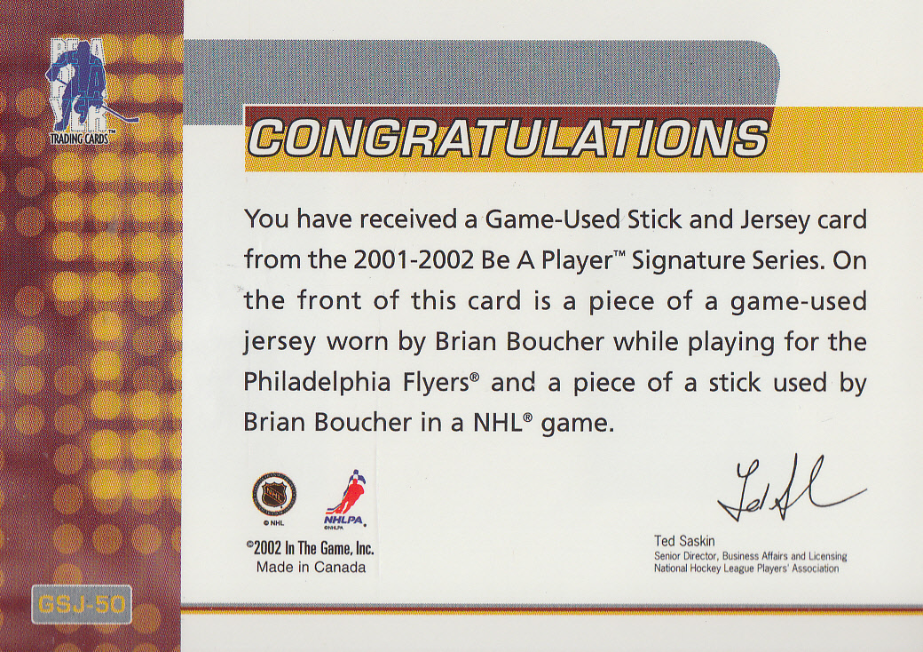 2001-02 BAP Signature Series Jersey and Stick #GSJ50 Brian Boucher back image
