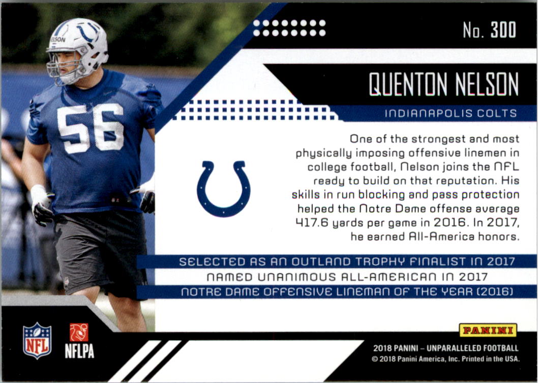 2018 Panini Unparalleled #300 Quenton Nelson RC back image