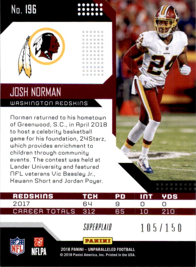 2018 Panini Unparalleled Superplaid #196 Josh Norman