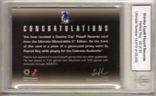 2001-02 BAP Ultimate Memorabilia Playoff Records #2 Patrick Roy 137 Wins/50 back image