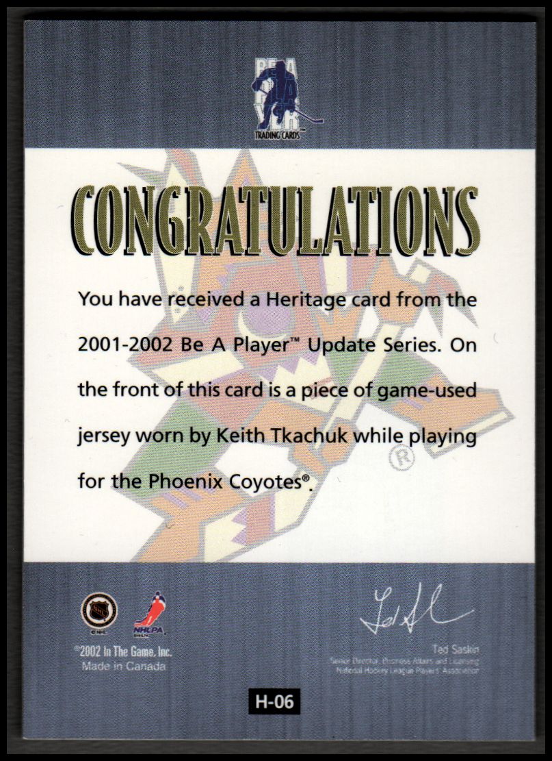 2001-02 BAP Update Heritage #H6 Keith Tkachuk back image