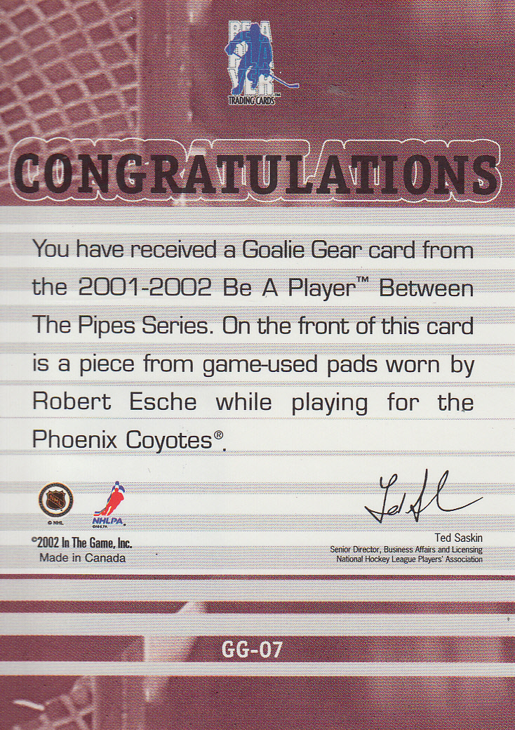 2001-02 Between the Pipes Goalie Gear #GG7 Robert Esche back image