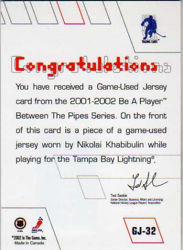 2001-02 Between the Pipes Jerseys #GJ32 Nikolai Khabibulin back image