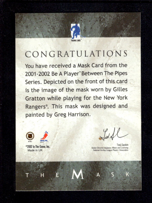 2001-02 Between the Pipes Masks #11 Gilles Gratton back image