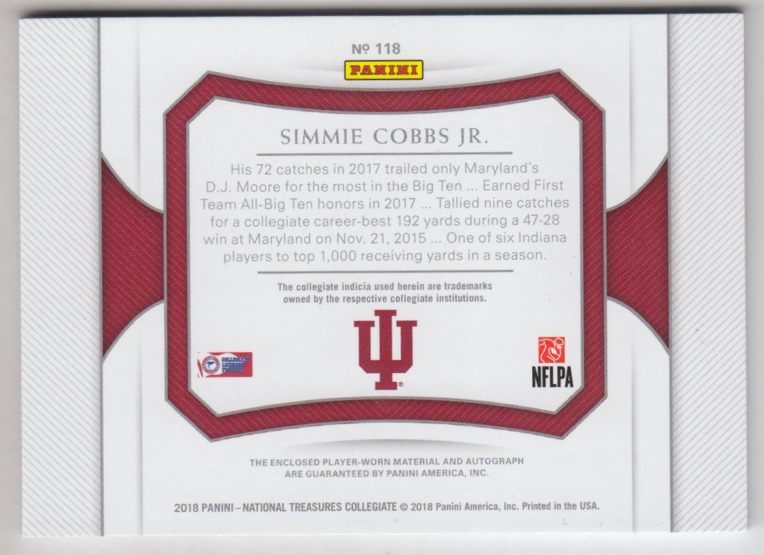 2018 Panini National Treasures Collegiate #118 Simmie Cobbs Jr. JSY AU/99 RC