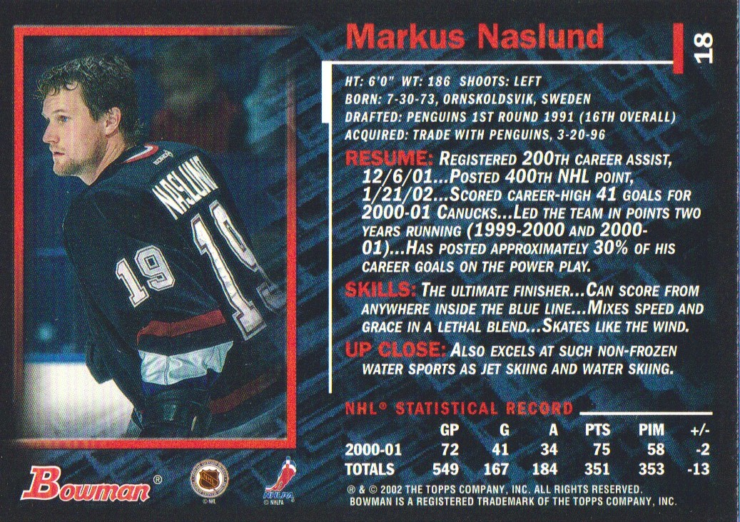 2001-02 Bowman YoungStars Ice Cubed #18 Markus Naslund back image