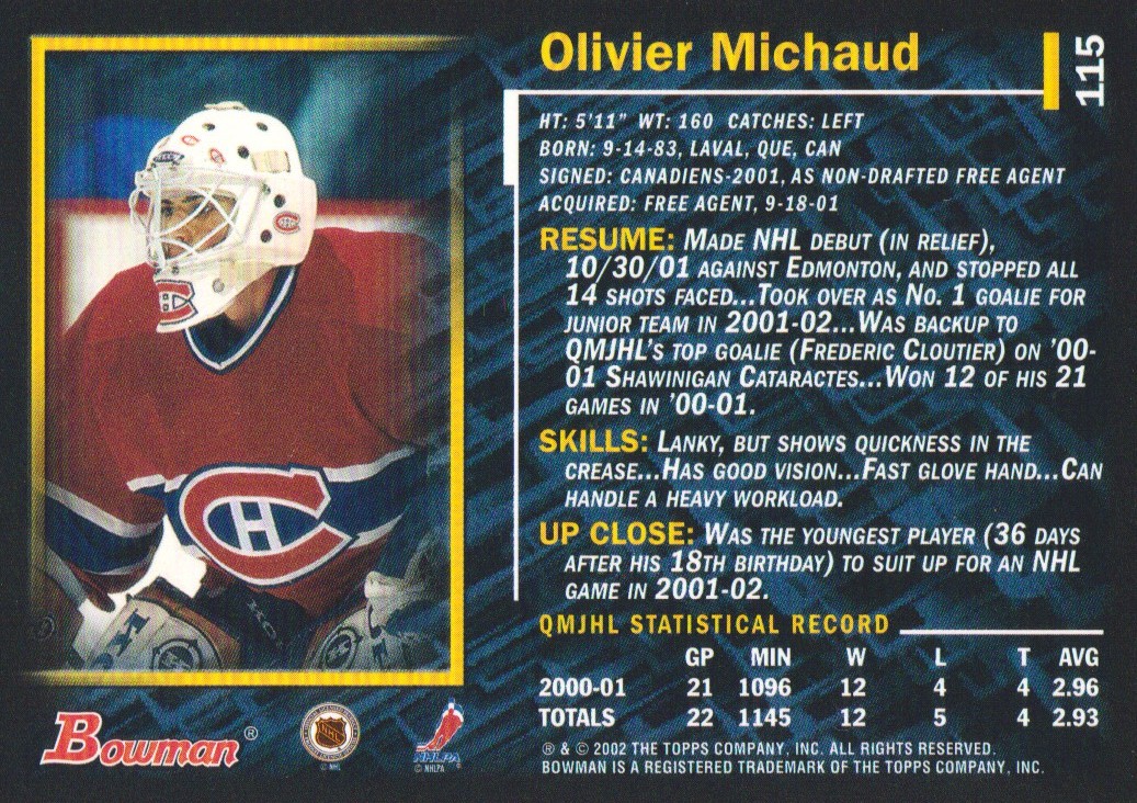 2001-02 Bowman YoungStars Ice Cubed #115 Olivier Michaud back image