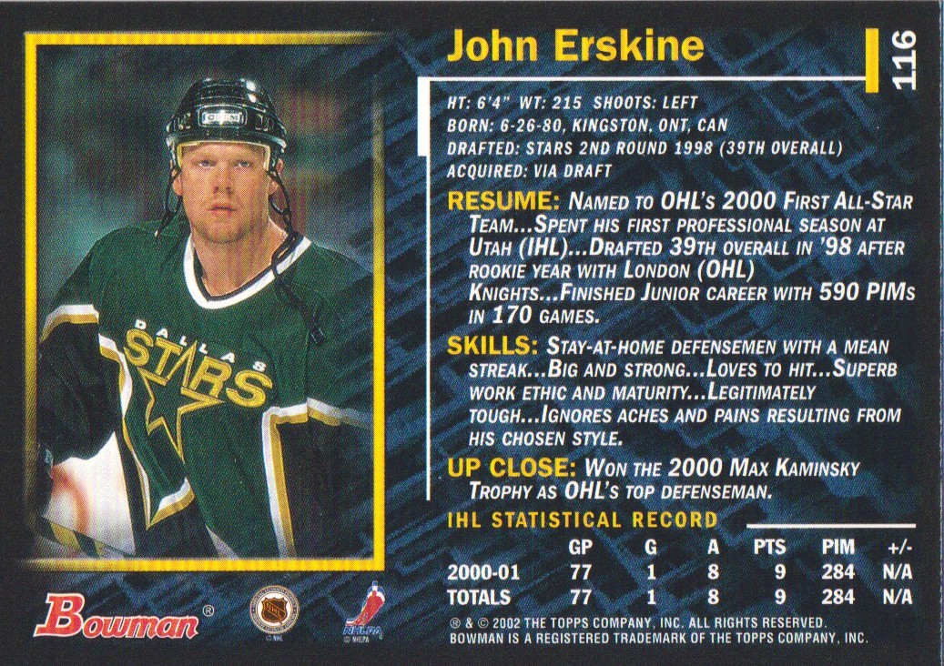 2001-02 Bowman YoungStars Ice Cubed #116 John Erskine back image