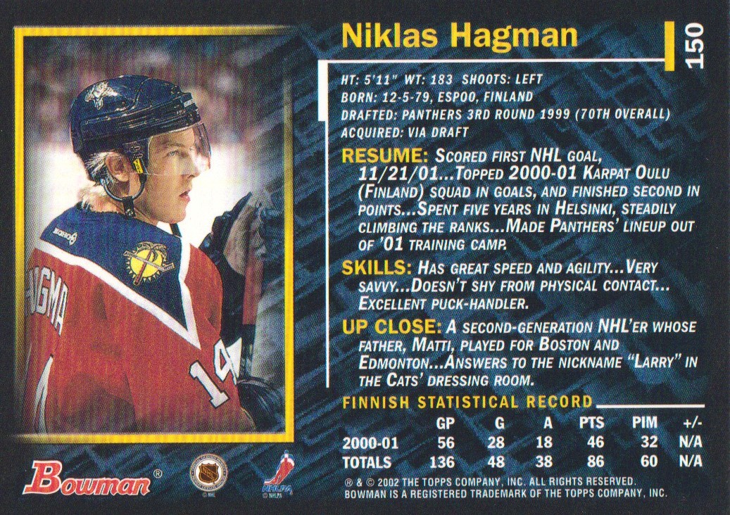 2001-02 Bowman YoungStars Ice Cubed #150 Niklas Hagman back image