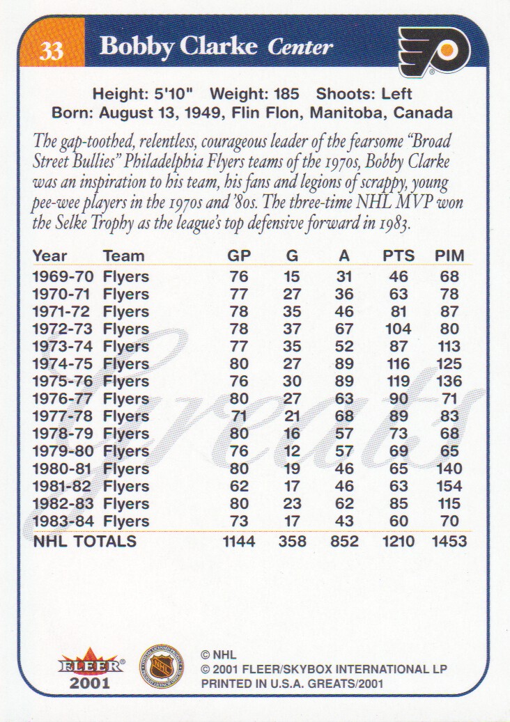 2001-02 Greats of the Game #33 Bobby Clarke back image