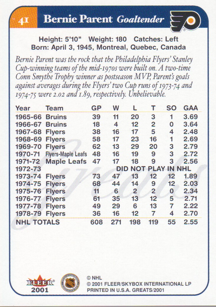 2001-02 Greats of the Game #41 Bernie Parent back image