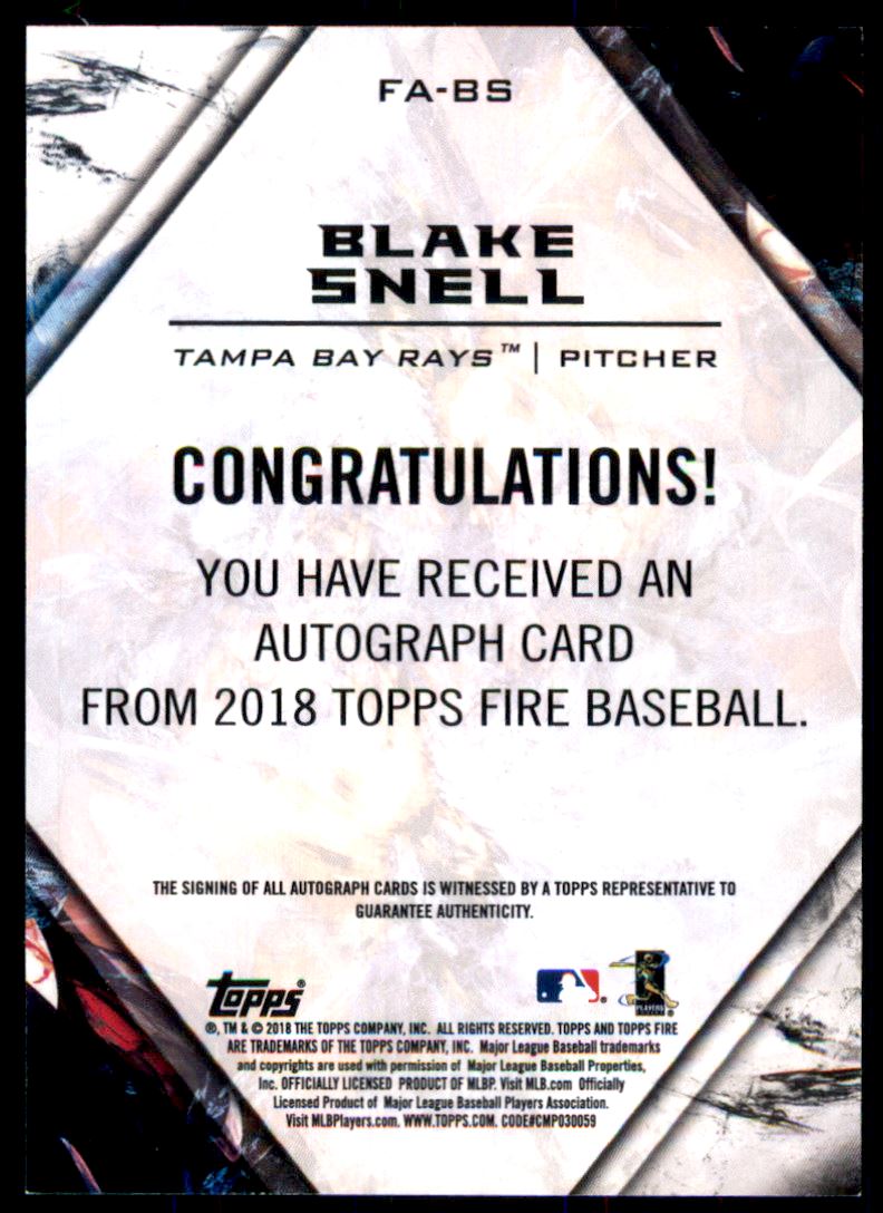 2018 Topps Fire Autographs #FABS Blake Snell back image