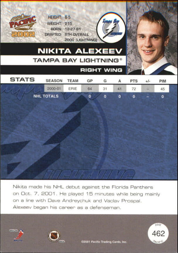 2001-02 Pacific #462 Nikita Alexeev RC back image