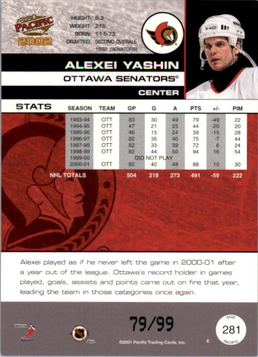 2001-02 Pacific Hobby LTD #281 Alexei Yashin back image