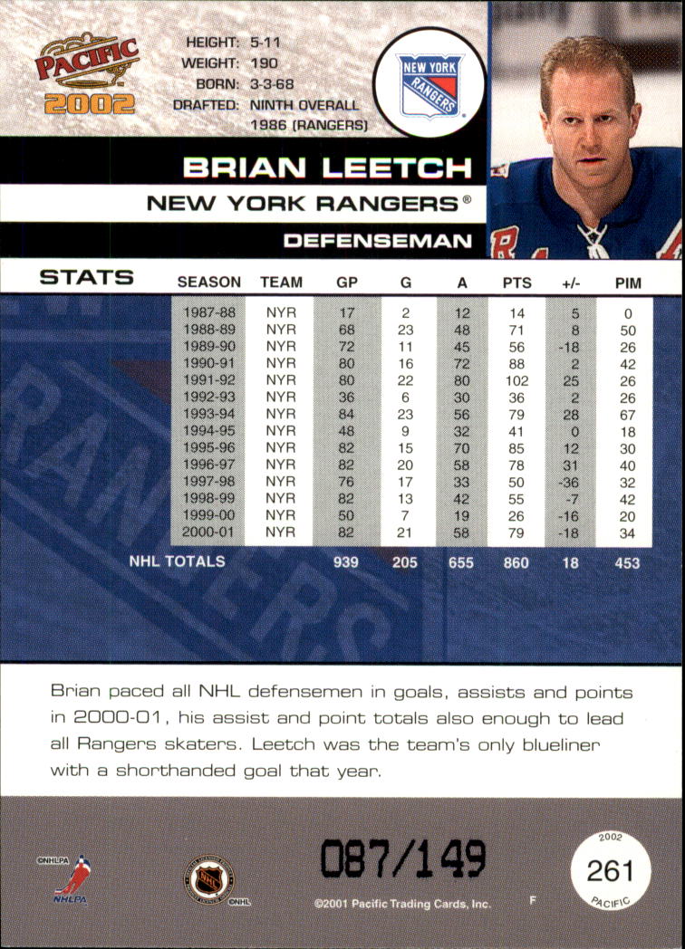 2001-02 Pacific Retail LTD #261 Brian Leetch back image