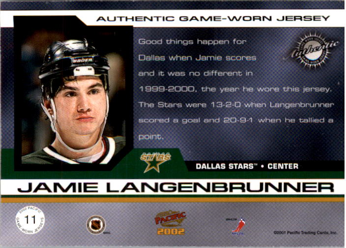 2001-02 Pacific Jerseys #11 Jamie Langenbrunner/1135 back image