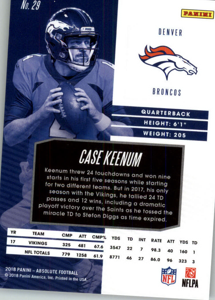 2018 Absolute Spectrum Orange #29 Case Keenum back image