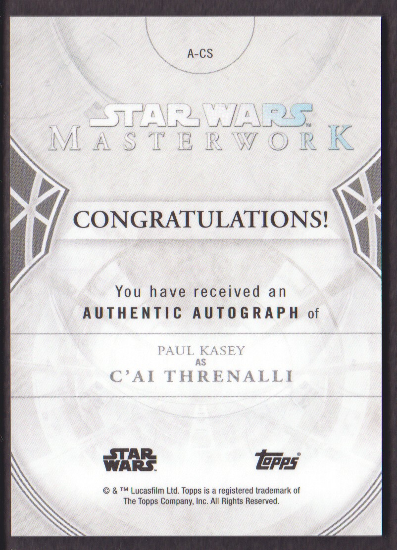 2018 Topps Star Wars Masterwork Autographs #ACS Paul Kasey as C'ai Threnalli back image