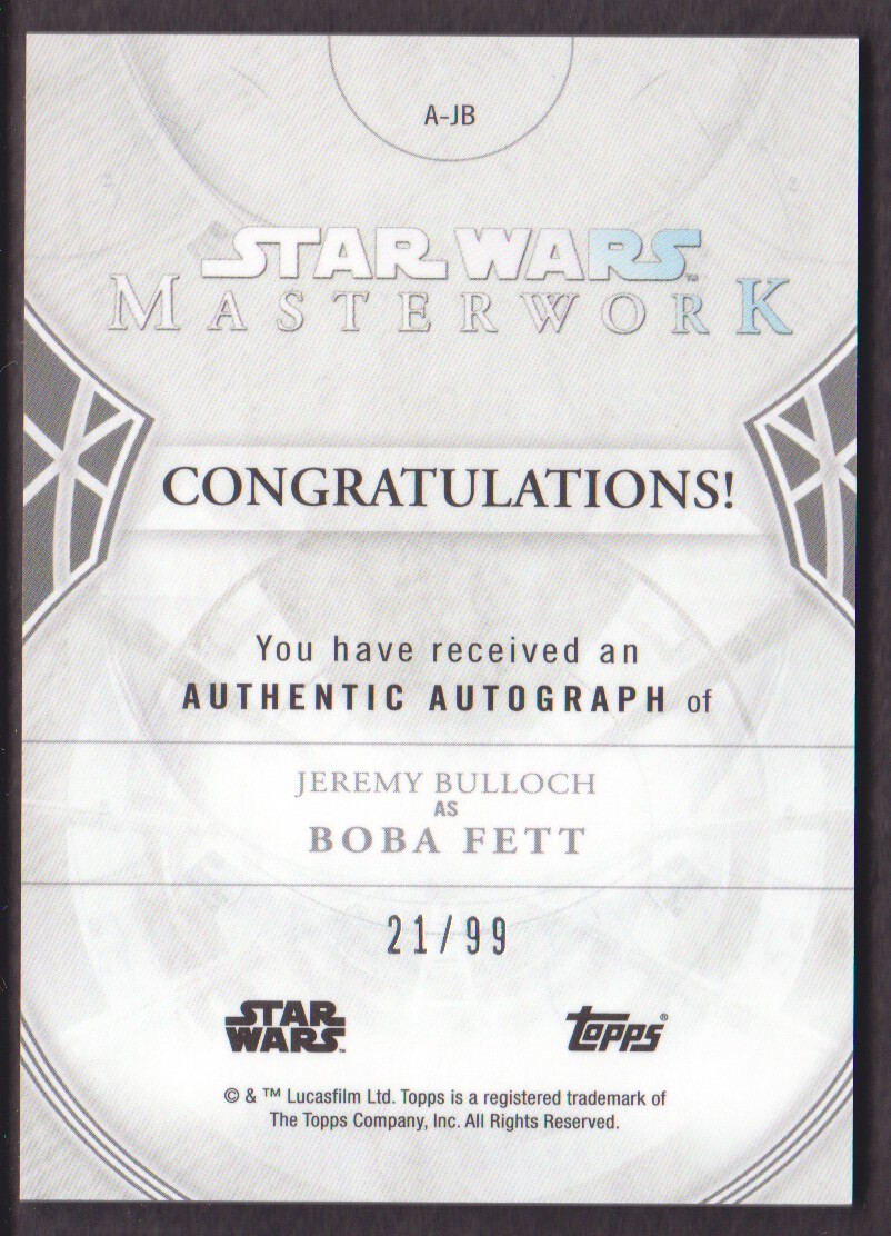 2018 Topps Star Wars Masterwork Autographs Blue Foil #AJB Jeremy Bulloch as Boba Fett back image