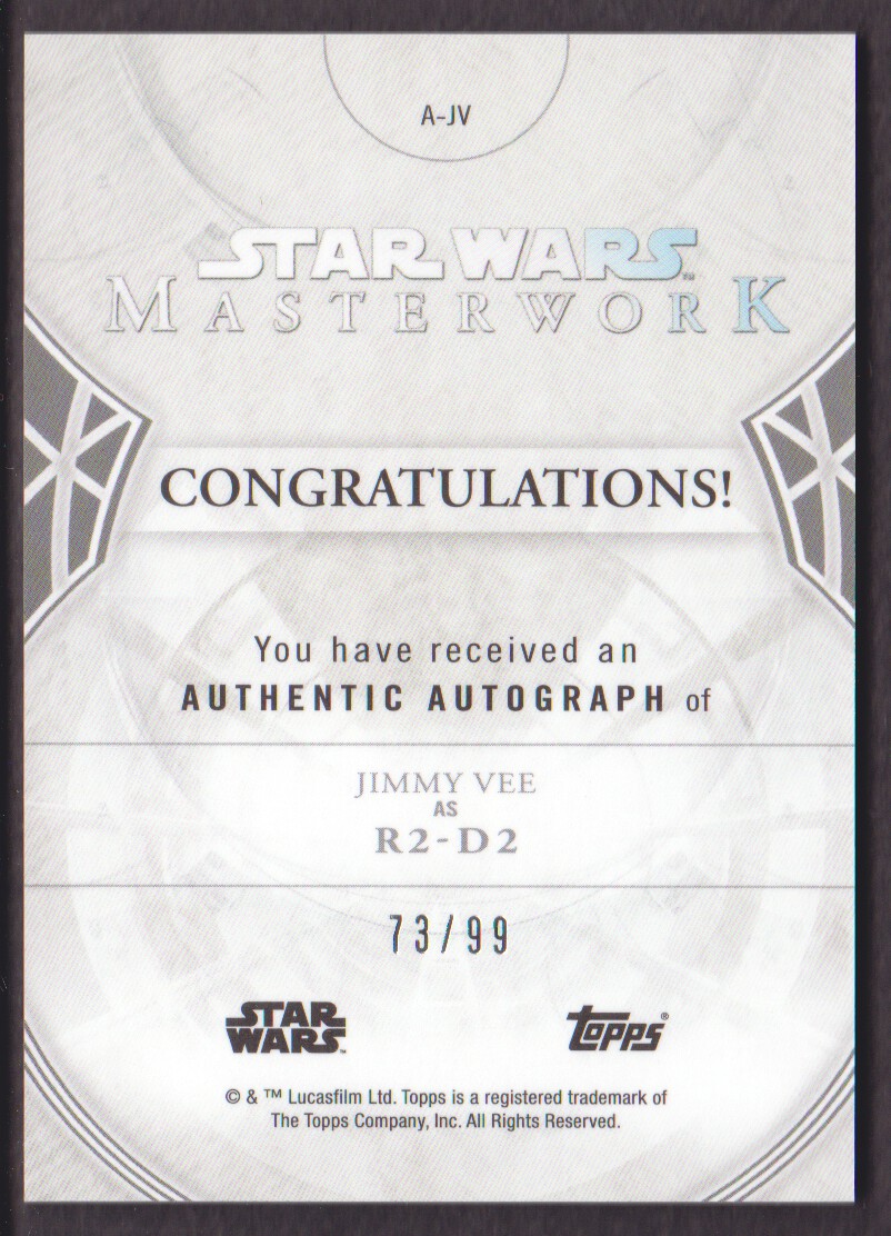 2018 Topps Star Wars Masterwork Autographs Blue Foil #AJV Jimmy Vee as R2-D2 back image