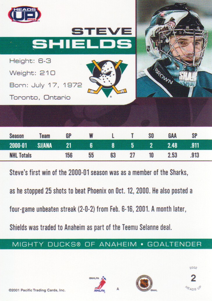 2001-02 Pacific Heads Up #2 Steve Shields back image