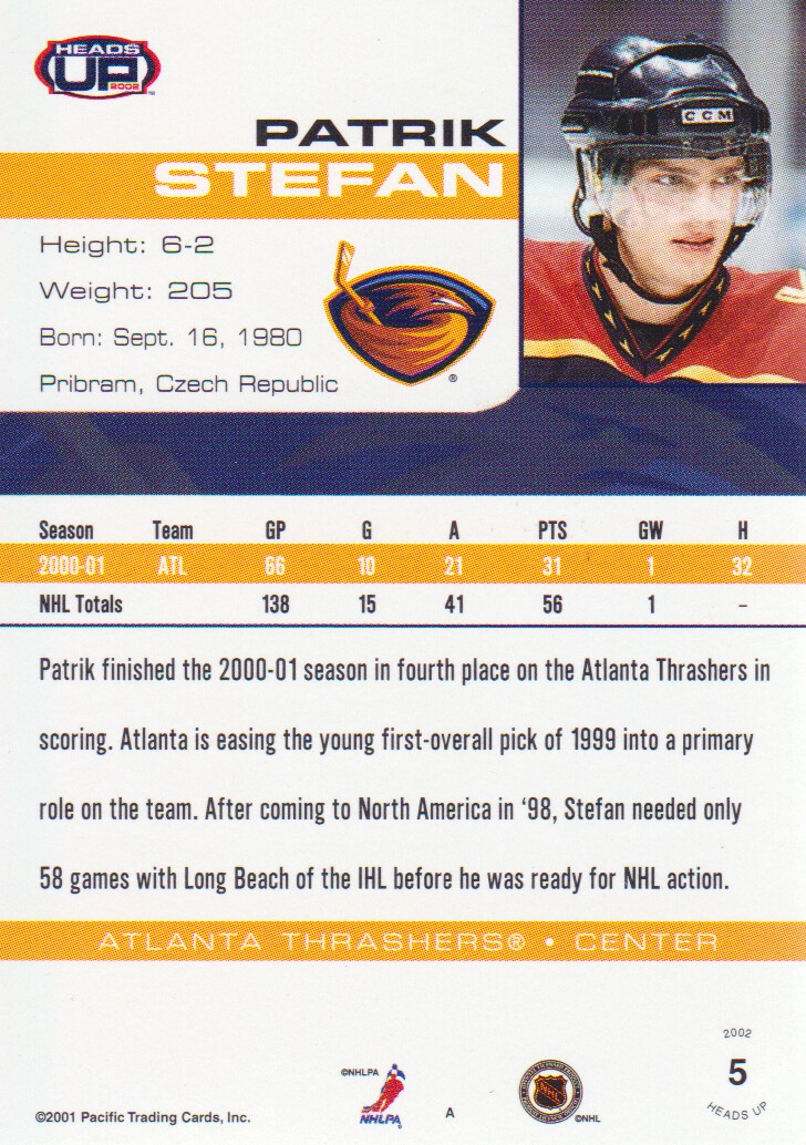 2001-02 Pacific Heads Up #5 Patrik Stefan back image