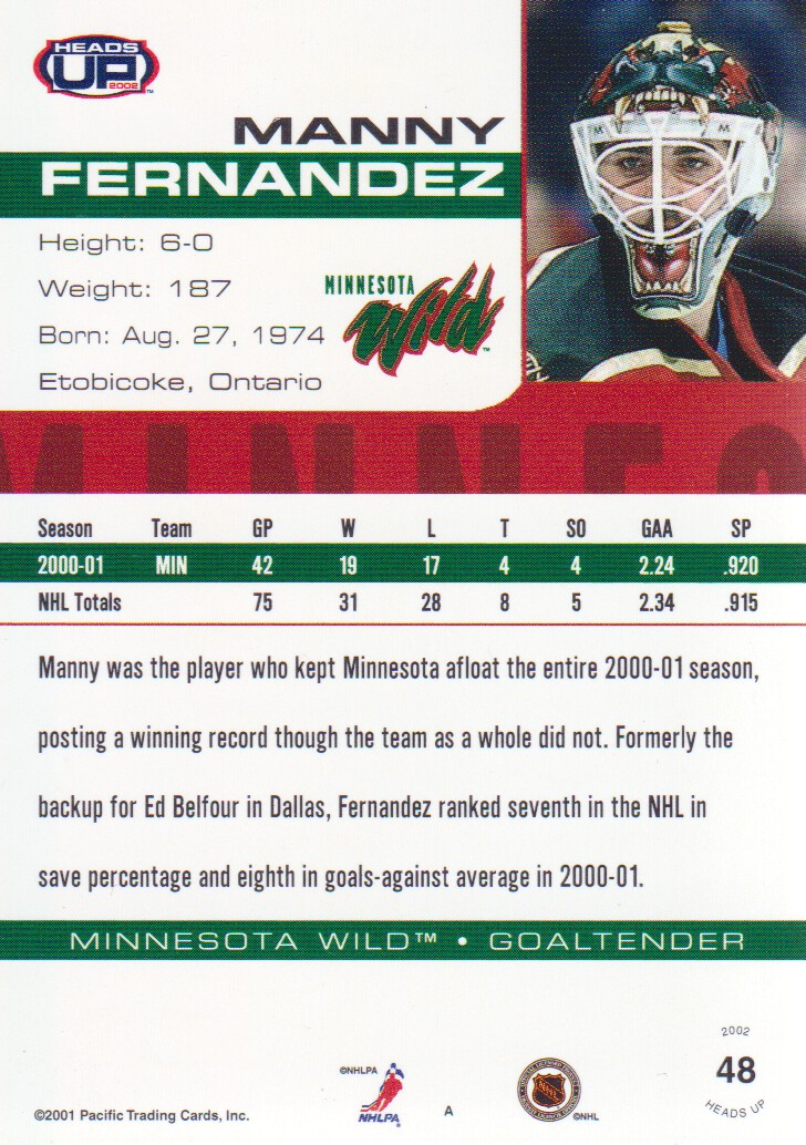 2001-02 Pacific Heads Up #48 Manny Fernandez back image