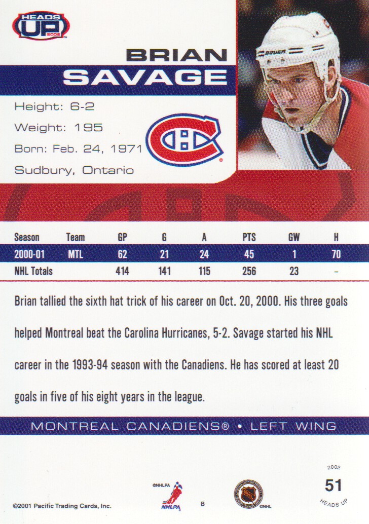 2001-02 Pacific Heads Up #51 Brian Savage back image