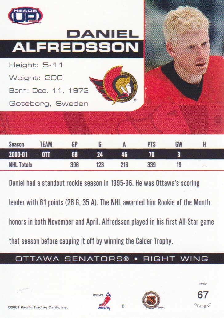 2001-02 Pacific Heads Up #67 Daniel Alfredsson back image