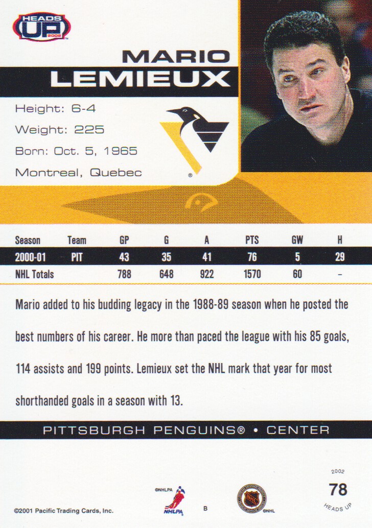 2001-02 Pacific Heads Up #78 Mario Lemieux back image