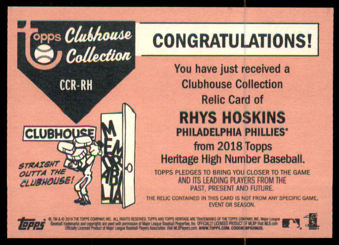 2018 Topps Heritage Clubhouse Collection Relics #CCRRH Rhys Hoskins HN back image