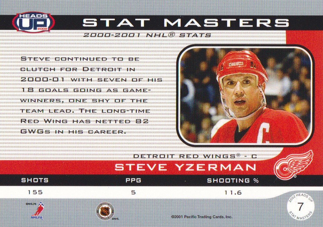 2001-02 Pacific Heads Up Stat Masters #7 Steve Yzerman back image