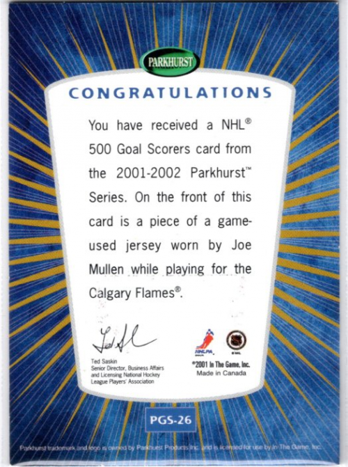 2001-02 Parkhurst 500 Goal Scorers #PGS26 Joe Mullen/80 back image