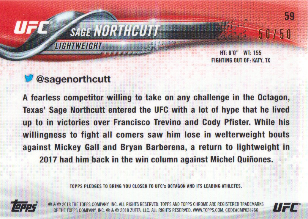 2018 Topps Chrome UFC Gold #59 Sage Northcutt back image