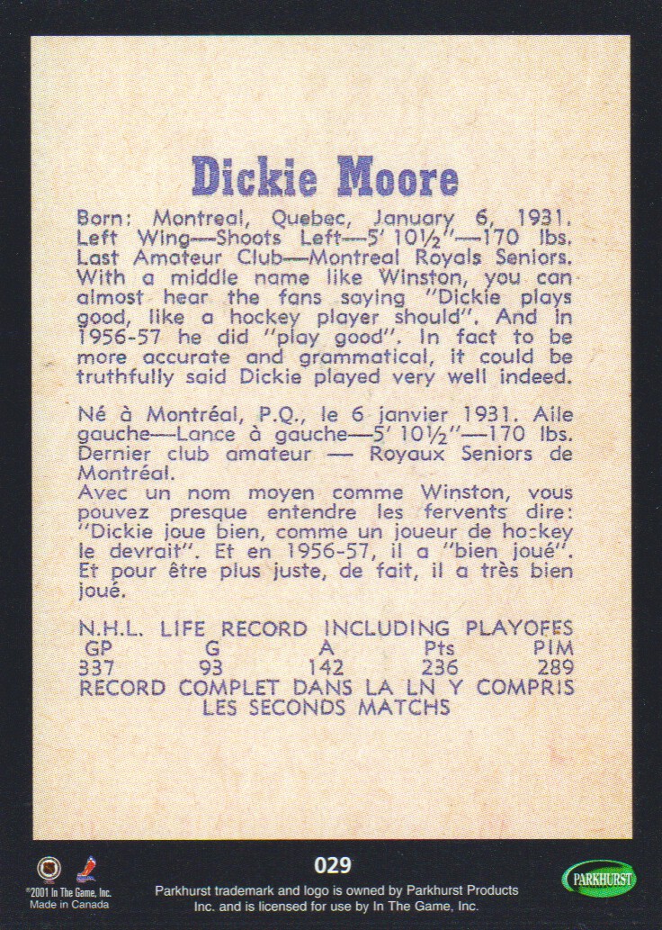 2001-02 Parkhurst Reprints #29 Dickie Moore back image