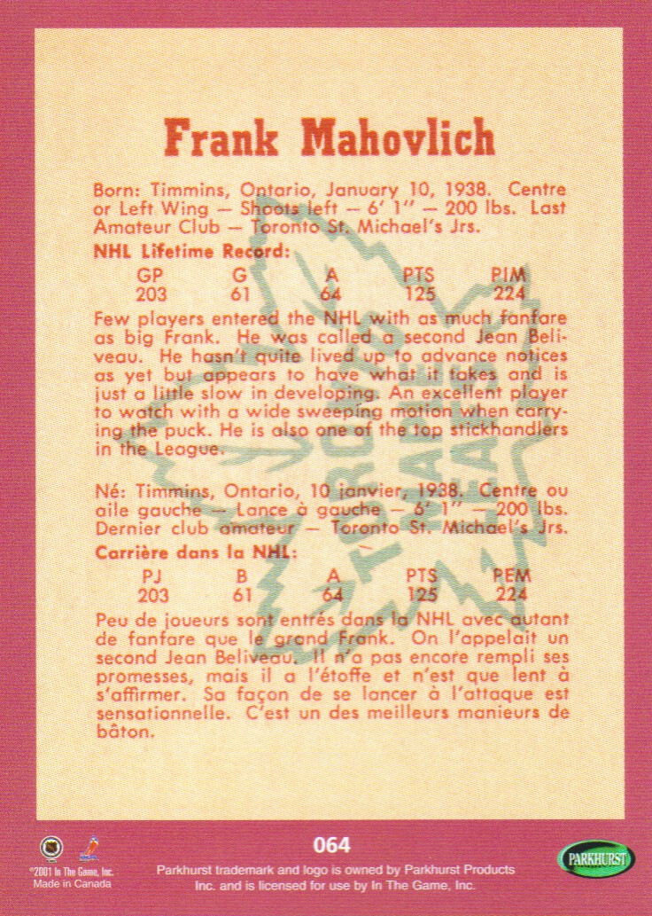 2001-02 Parkhurst Reprints #64 Frank Mahovlich back image