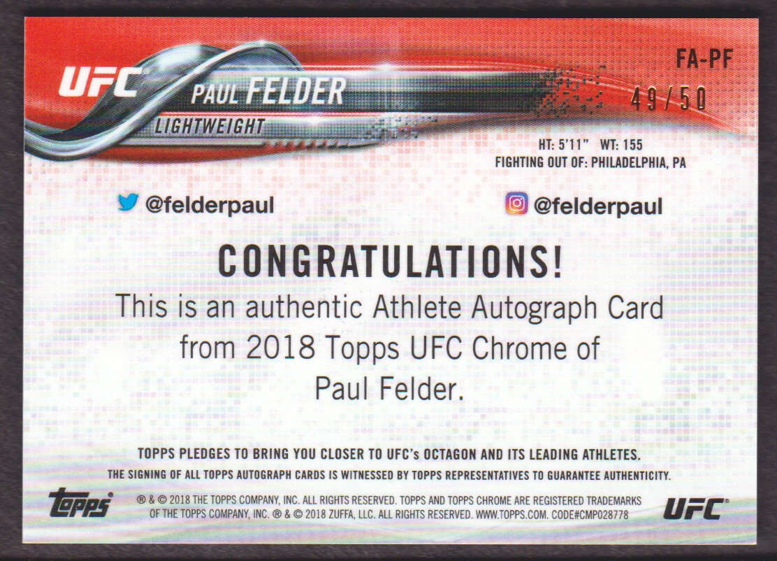 2018 Topps Chrome UFC Autographs Gold #FAPF Paul Felder back image