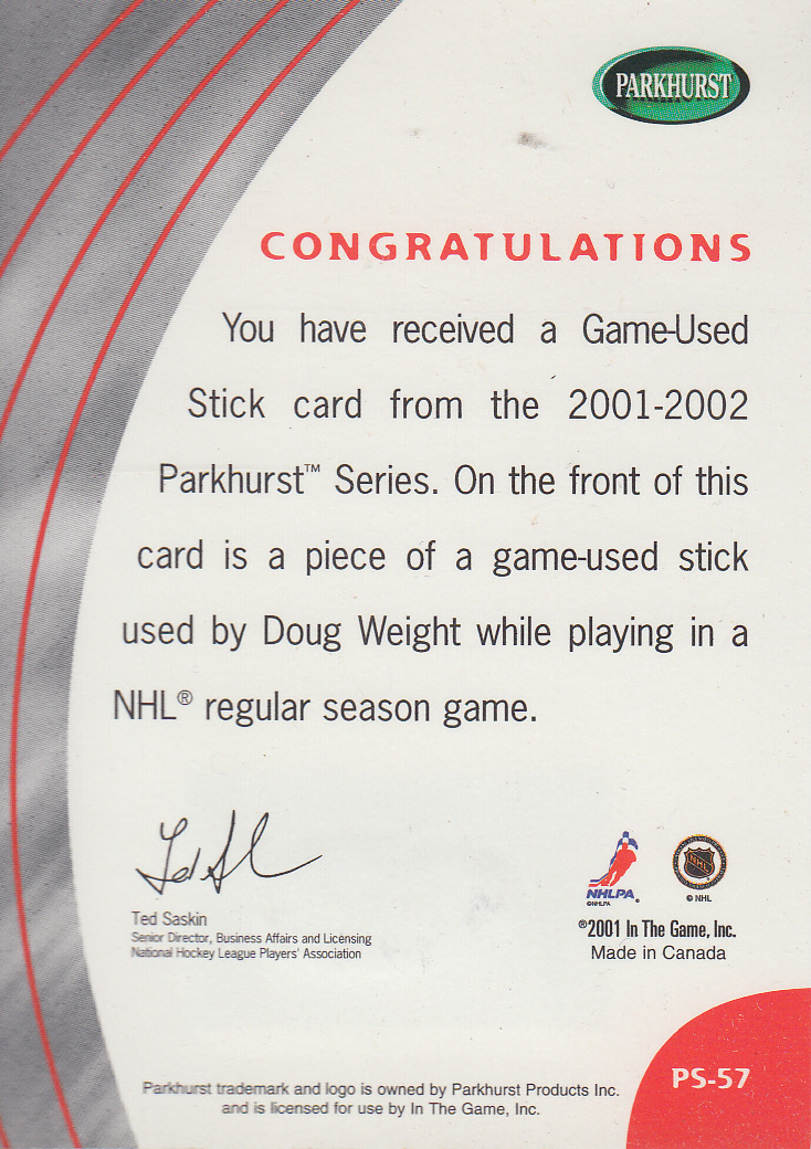 2001-02 Parkhurst Sticks #PS57 Doug Weight back image