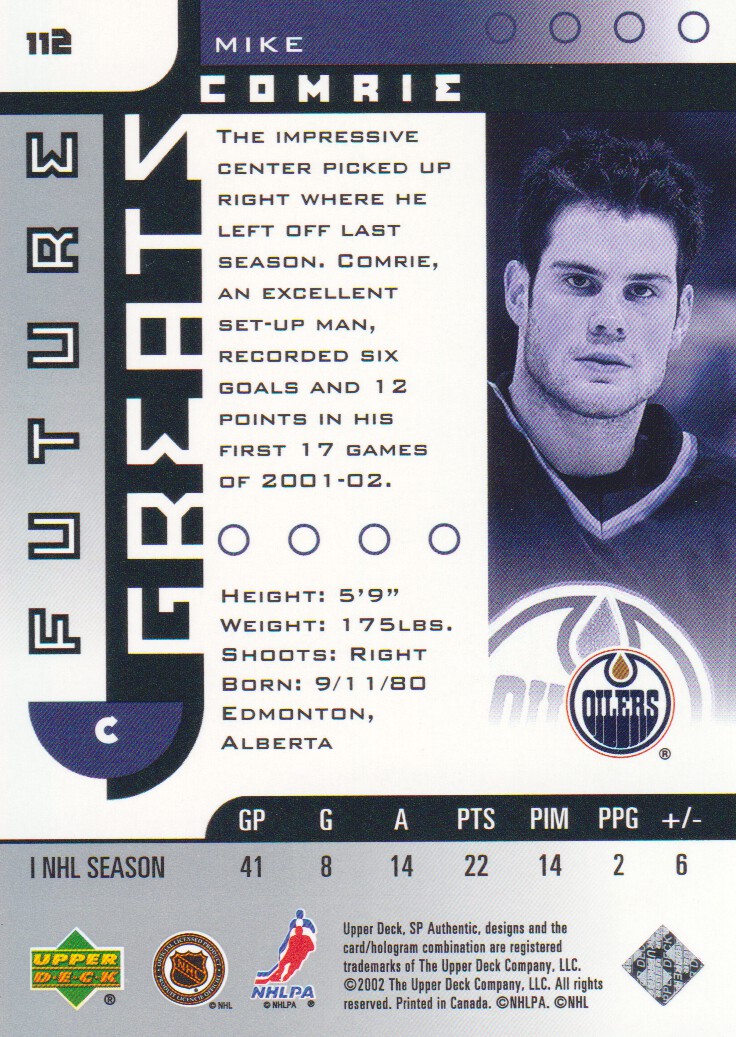 2001-02 SP Authentic #112 Mike Comrie FG back image